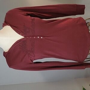 Harley Davidson Maroon Beaded Logo Hooded Stretchy Long Sleeve Button Top Size S